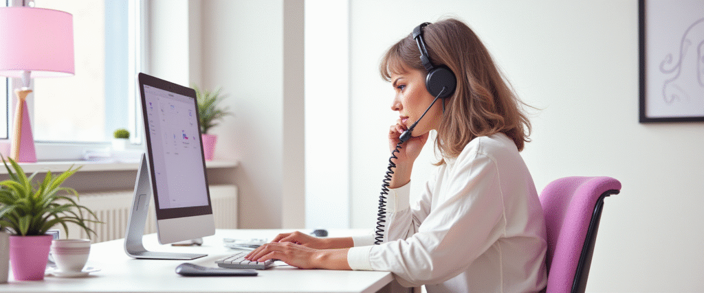 Mujer de 45 años trabajando en asistencia técnica, gestionando consultas telefónicas.