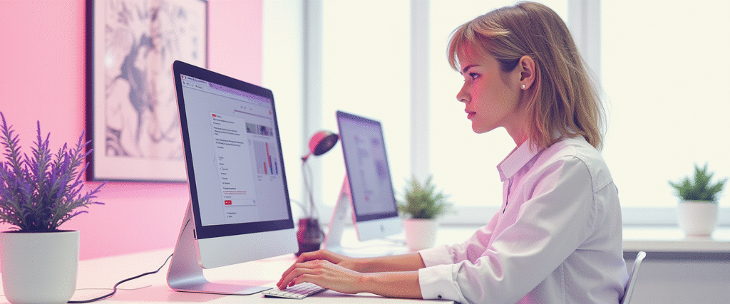 Mujer de 40 años trabajando en una inmobiliaria con un chatbot.