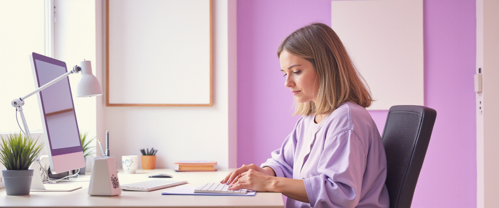 Mujer de 40 años trabajando en una oficina inmobiliaria moderna