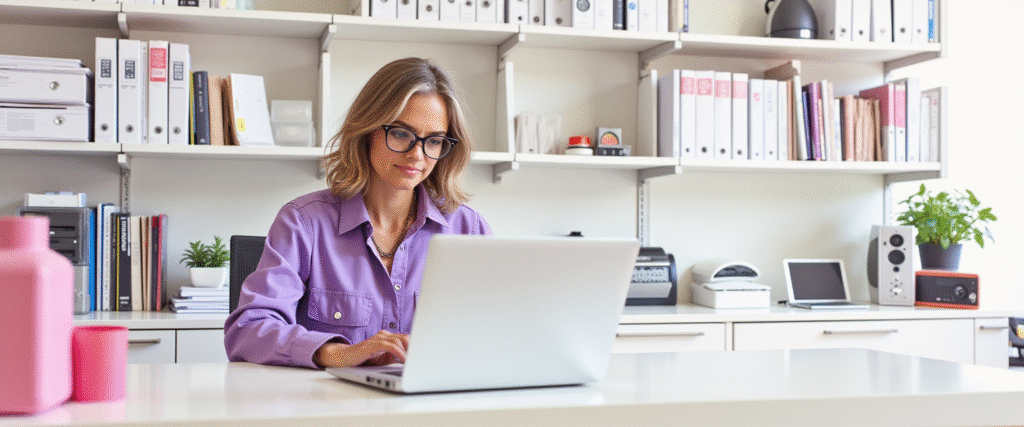 Mujer de 45 años trabajando en una agencia inmobiliaria, demostrando el uso de herramientas de automatización en un ambiente de oficina moderno.