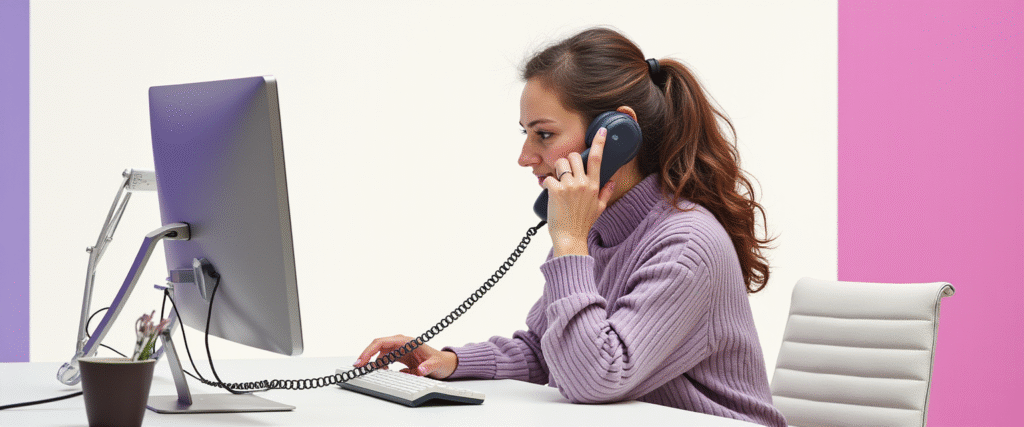 Mujer en una oficina inmobiliaria atendiendo llamadas con un sistema automatizado