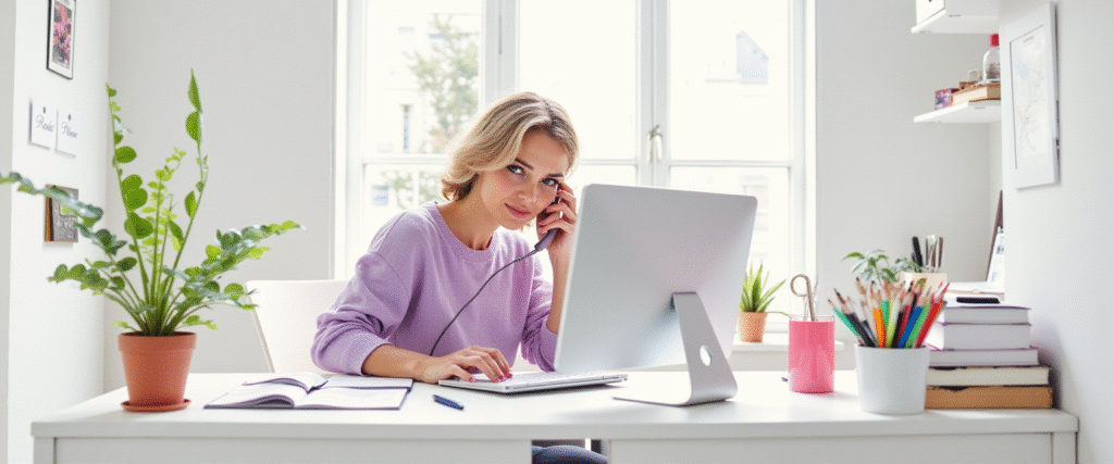 Agente inmobiliario atendiendo una llamada en una oficina moderna.