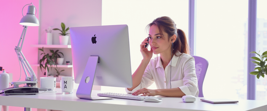 Un agente inmobiliario gestionando consultas en una oficina moderna.