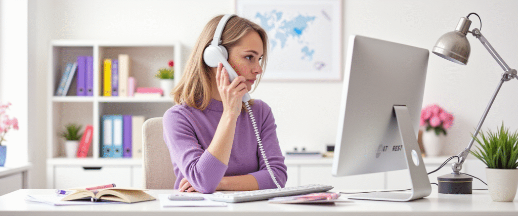 Mujer trabajando en una oficina inmobiliaria con un teléfono.