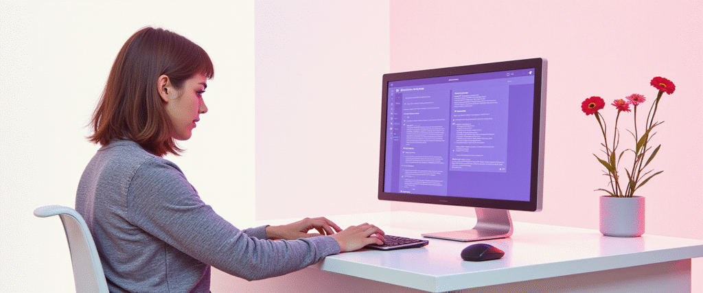 Mujer de 45 años trabajando con agente conversacional en una oficina inmobiliaria.