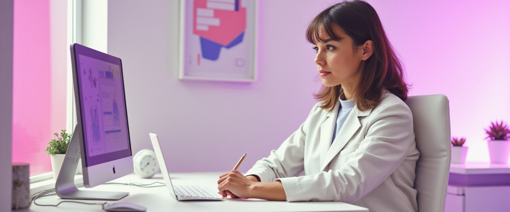 Agente inmobiliaria trabajando en una oficina moderna.