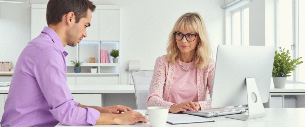 Mujer trabajando en una oficina inmobiliaria con herramientas de automatización