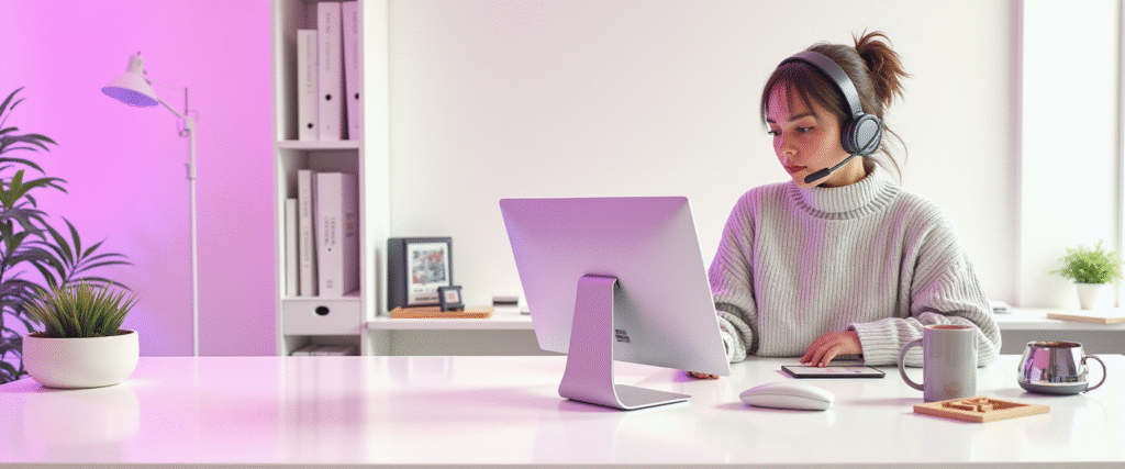 Mujer contestando llamadas en inmobiliaria con un agente conversacional telefónico