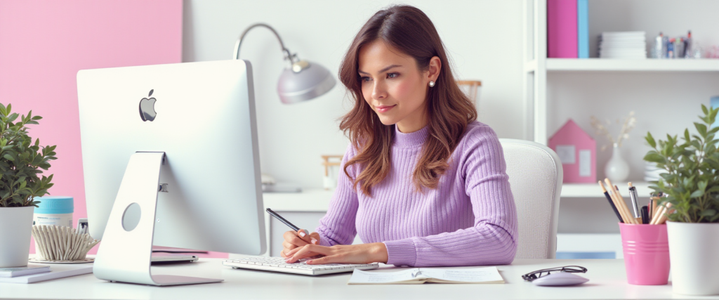 Agente inmobiliario trabajando con un sistema de automatización de llamadas en una oficina moderna.