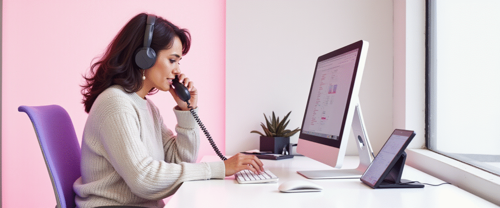 Automatización de llamadas en una inmobiliaria, mostrando a una mujer trabajando en un sistema automatizado.